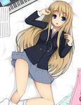  bad_id bad_pixiv_id blonde_hair blue_eyes eyebrows instrument k-on! keyboard_(instrument) kotobuki_tsumugi long_hair lying school_uniform skirt socks solo thighs utatoki 