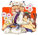  :q aburaage animal_ears bad_id bad_pixiv_id banned_artist blonde_hair brown_hair cat_ears cat_tail chen earrings food fox_tail hat heart jewelry multiple_girls multiple_tails musical_note okoge_senbei short_hair star tail tail_hug tongue tongue_out touhou yakumo_ran 