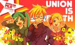  2girls bad_id bad_pixiv_id blonde_hair blue_eyes casual fingerless_gloves flower glasses gloves green_eyes green_hair green_nails hair_ornament hairclip hatsune_miku hero_(dka) kagamine_len kagamine_rin long_hair multiple_girls nail_polish one_eye_closed red_nails short_hair smile twintails v vocaloid 