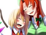  bad_id bad_pixiv_id blonde_hair blush bow braid closed_eyes flandre_scarlet hair_bow hat hong_meiling laughing multiple_girls no_hat no_headwear open_mouth oyaji-sou red_hair touhou twin_braids upper_body wings 