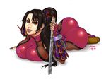  armor ass black_hair bodysuit breast_press breasts brown_eyes dorotea_gizzi fishnets huge_ass large_breasts lips long_hair lying ninja on_stomach ponytail skin_tight solo soulcalibur sword taki_(soulcalibur) weapon 