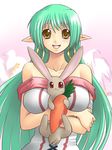  bare_shoulders brown_eyes bunny carrot damien_(ukagaka) earrings elf green_hair happy jewelry long_hair open_mouth pointy_ears smile sofy_rezent ukagaka yaso_shigeru 