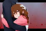  1girl braid brown_eyes brown_hair comforting crying crying_with_eyes_open hattori_masaki hug madotsuki pink_shirt sekomumasada_sensei shirt short_twintails snot sweater tears twin_braids twintails yume_nikki 