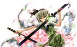  bad_id bad_pixiv_id dual_wielding flower hitodama holding konpaku_youmu konpaku_youmu_(ghost) mikihiro sheath solo sword touhou unsheathing weapon 