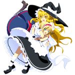  alice_margatroid blonde_hair blue_eyes braid glomp hairband hat hug kirisame_marisa multiple_girls open_mouth satou_samu short_hair smile touhou witch_hat yellow_eyes 