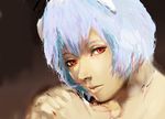  ayanami_rei bad_id bad_pixiv_id black_background blue_hair brown_background hands_clasped lips neon_genesis_evangelion nose nude open_mouth own_hands_together realistic red_eyes shonimoro solo staring two-tone_background 