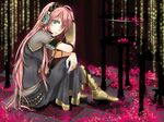  abe_toshi ahoge bad_id bad_pixiv_id blue_eyes blue_nails boots flower headphones headset long_hair megurine_luka nail_polish pink_hair sitting solo vocaloid 