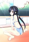  ass back bad_id bad_pixiv_id banned_artist barefoot black_hair blush brown_eyes chain-link_fence competition_swimsuit feet fence highleg highleg_swimsuit k-on! kou_(ahms) light_rays long_hair looking_back nakano_azusa one-piece_swimsuit outdoors pool poolside sitting solo starting_block sunbeam sunlight swimsuit twintails wariza 