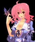  ahoge bad_id bad_pixiv_id breasts bug butterfly butterfly_on_hand cleavage insect large_breasts no_bra no_hat no_headwear pink_eyes pink_hair saigyouji_yuyuko short_hair smile solo tatsuyoshi touhou 