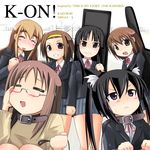  6+girls akiyama_mio animal_ears bangs black_eyes black_hair blonde_hair blunt_bangs blush brown_hair cat_ears closed_eyes collar english everyone glasses hairband highres hirasawa_yui k-on! kazuboh kotobuki_tsumugi long_hair multiple_girls nakano_azusa pantyhose parody purple_eyes school_uniform short_hair tainaka_ritsu yamanaka_sawako 