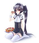  bad_id bad_pixiv_id black_hair cake de_so eating food hair_ribbon kooh legs long_hair pangya pastry red_eyes ribbon solo thighhighs zettai_ryouiki 