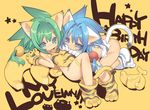  alternate_color animal_ears animal_print bad_id bad_pixiv_id banana blade_(galaxist) blue_eyes blue_hair blush cat_ears cat_tail cham_cham child dual_persona food fruit gloves green_eyes green_hair hair_ornament lying multiple_girls paw_gloves paw_shoes paws player_2 samurai_spirits shoes snk tail tiger_print 