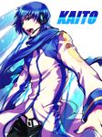  bad_id bad_pixiv_id blue_eyes blue_hair blue_scarf character_name headset julion_(akesuzu) kaito male_focus nail_polish navel open_mouth scarf solo vocaloid 