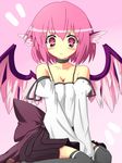  alternate_costume animal_ears bad_id bad_pixiv_id bare_shoulders black_legwear blush bow breasts camisole choker cleavage contemporary detached_sleeves large_bow looking_down medium_breasts mystia_lorelei pink_eyes pink_hair pleated_skirt ribbon short_hair sitting skirt solo thighhighs touhou urimono v_arms wariza wings zettai_ryouiki 