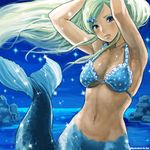  armpits arms_up bad_id bad_pixiv_id bikini blonde_hair breasts brown_eyes daichan_mona frown hair_ornament hairpin lace lace-trimmed_bikini large_breasts lips long_hair mermaid monster_girl night ocean original outdoors polka_dot polka_dot_bikini polka_dot_swimsuit scales solo sparkle swimsuit tail water wet wind 