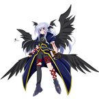  absurdres arm_belt asymmetrical_legwear book facial_mark fingerless_gloves full_body gloves head_wings highres jacket leg_belt long_hair lyrical_nanoha magical_girl mahou_shoujo_lyrical_nanoha mahou_shoujo_lyrical_nanoha_a's multiple_wings non-web_source open_clothes open_jacket red_eyes reinforce silver_hair single_thighhigh solo thighhighs tome_of_the_night_sky transparent_background vector_trace waist_cape winged_hair_ornament wings 