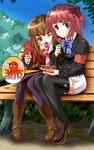  armband bench black_legwear blue_eyes boots bow brown_hair eating ef_(artist) food hair_bobbles hair_ornament knee_boots mammon multiple_girls necktie pink_neckwear red_eyes red_hair sitting skirt stakes_of_purgatory takoyaki thighhighs umineko_no_naku_koro_ni ushiromiya_ange 