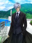  air briefcase cloud day formal hair_over_one_eye hands_in_pockets kunisaki_yukito male_focus mountain mutsuki_(moonknives) necktie outdoors silver_hair sky solo standing suit trench_coat 