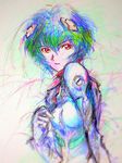  amaoto ayanami_rei blue_hair bodysuit hair_ornament hairclip highres neon_genesis_evangelion open_mouth plugsuit red_eyes short_hair solo staring traditional_media watercolor_(medium) white_bodysuit 