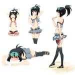  armpits arms_behind_back arms_behind_head arms_up bare_shoulders black_hair black_legwear blue_eyes bow closed_eyes crescent fan flat_chest food hair_bow highres kunihiro_hajime legs midiman midriff multiple_views navel ponytail popsicle revealing_clothes saki sandals short_hair star strap_slip tattoo thighhighs 
