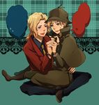  anger_vein angry arsene_lupin_iii arsene_lupin_iii_(cosplay) axis_powers_hetalia bad_id bad_pixiv_id blazer blonde_hair blush cosplay cuffs deerstalker detective formal france_(hetalia) gun handcuffs hat jacket lupin_iii male_focus multiple_boys necktie oba-min plaid plaid_background red_jacket sherlock_holmes sitting sitting_on_lap sitting_on_person suit sweatdrop the_adventures_of_sherlock_holmes trench_coat united_kingdom_(hetalia) weapon yaoi yellow_neckwear 