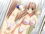  ass bikini blush brown_hair butt_crack clockup curtains dutch_angle fitting_room game_cg green_eyes long_hair mirror non-web_source presence reflection sasakawa_ai solo striped striped_bikini swimsuit takapiko 