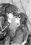  bad_id bad_pixiv_id black_rock_shooter black_rock_shooter_(character) blush chain chin_stroking crossover eye_contact graphite_(medium) greyscale highres k-on! kisetsu look-alike looking_at_another monochrome multiple_girls nakano_azusa school_uniform sketch thinking traditional_media twintails 