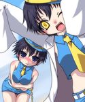  793_(artist) bent_over between_breasts blue_eyes blue_hair blush breast_hold breasts cuffs dark_persona handcuffs hat labcoat large_breasts midriff multiple_girls necktie one_eye_closed open_mouth persona persona_4 shirogane_naoto short_hair yellow_eyes 