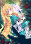  :/ bad_id bad_pixiv_id blonde_hair blurry bow bunny depth_of_field dutch_angle flower frilled_skirt frills hair_ornament hairband long_hair looking_at_viewer looking_back nyori original purple_eyes rose silhouette skirt very_long_hair wrist_cuffs 