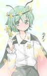  blush flower gradient gradient_background green_eyes green_hair hair_flower hair_ornament highres holding looking_at_viewer short_hair signature simple_background sketch solo touhou wriggle_nightbug yuzuna99 