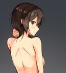  back blush breasts brown_eyes brown_hair from_behind grey_background highres hiiragi_hajime kaga_(kantai_collection) kantai_collection looking_back md5_mismatch medium_breasts mouth_hold short_hair solo topless 