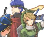  back-to-back blonde_hair blue_eyes blue_hair cape earrings fire_emblem fire_emblem:_akatsuki_no_megami grin hat headband holding holding_sword holding_weapon ike jewelry left-handed link multiple_boys nikayu pointy_ears ready_to_draw shield shoulder_pads smile super_smash_bros. sword sword_behind_back the_legend_of_zelda the_legend_of_zelda:_twilight_princess weapon weapon_on_back 