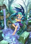  anklet aqua_hair barefoot blue_eyes book braid branch cube dragon dress forest garun_wattanawessako gloves head_wings jewelry long_hair nature necklace original roots sitting soaking_feet solo water 