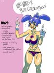  1girl abs between_breasts blue_hair collarbone console_tan english gloves green_eyes legs moyse n64 navel nintendo nintendo_64 partially_visible_vulva solo text thighs white_gloves 