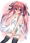  apron blush bow esureki hair_bow hair_ornament hair_ribbon hand_on_own_chest long_hair naked_apron original parted_lips red_eyes red_hair ribbon solo tears thighhighs twintails wavy_mouth zettai_ryouiki 