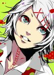  androgynous hair_ornament hairclip male_focus necktie red_eyes shiromi_(ringo) smile solo stitches suzuya_juuzou tokyo_ghoul white_hair 