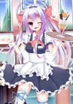  :3 ;d ahoge ascot bow carrying esureki glass hair_bow hair_ornament hair_ribbon hairclip long_hair maid maid_headdress one_eye_closed open_mouth original parfait purple_eyes purple_hair ribbon smile solo tray two_side_up 