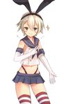  absurdres alternate_hair_length alternate_hairstyle blonde_hair commentary_request gloves hair_ribbon highres kantai_collection metindone ribbon shimakaze_(kantai_collection) short_hair skirt smile solo striped striped_legwear thighhighs 