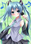  beamed_sixteenth_notes detached_sleeves eighth_note esureki green_eyes green_hair hair_ornament hatsune_miku holding long_hair looking_at_viewer microphone musical_note necktie smile solo twintails vocaloid 