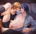 anal arm_around_neck arm_support blonde_hair blue_eyes blue_hair blush censored clothed_sex earrings erection eye_contact hijirikawa_masato holding_hands interlocked_fingers jewelry jinguuji_ren kneehighs leg_lift long_hair looking_at_another lying male_focus male_pubic_hair moge-hera multiple_boys navel nipples no_pants on_side one_eye_closed open_clothes open_mouth open_shirt pants_around_one_leg pants_down penis penis_under_clothes profile pubic_hair sex shirt sweat underwear_aside uta_no_prince-sama v-neck yaoi 