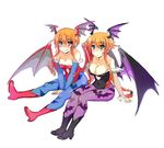  animal_print bat_print blue_eyes boots braid breasts cleavage cosplay date_a_live demon_girl demon_wings drawfag head_wings highres large_breasts leotard lilith_aensland lilith_aensland_(cosplay) long_hair medium_breasts morrigan_aensland morrigan_aensland_(cosplay) multiple_girls orange_hair pantyhose print_legwear purple_wings red_leotard siblings sisters succubus twins vampire_(game) wings yamai_kaguya yamai_yuzuru 