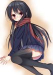  black_hair black_legwear enpera esureki long_hair original panties pantyshot pantyshot_(sitting) pleated_skirt red_eyes scarf school_uniform sitting skirt solo striped striped_panties thighhighs underwear 