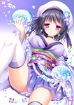  bangs black_hair blush breasts cleavage commentary_request earrings flower hair_flower hair_ornament hat highres hydrangea japanese_clothes jewelry kimono kimono_skirt knee_up large_breasts long_sleeves looking_at_viewer medium_hair original purple_eyes shitou solo thighhighs water_drop white_legwear 