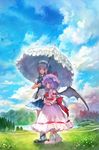  apron bat_wings bird blue_eyes blue_sky bobby_socks bow braid cloud day dirt_road dress grass hair_bow hat holding holding_umbrella izayoi_sakuya lake maid maid_headdress matsuda_(matsukichi) mountain multiple_girls outdoors puffy_short_sleeves puffy_sleeves purple_hair red_eyes remilia_scarlet scarlet_devil_mansion shared_umbrella shoe_bow shoes short_hair short_sleeves silver_hair sky smile socks touhou tree twin_braids umbrella waist_apron white_legwear wings 