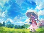  apron bat_wings bird blue_eyes blue_sky bobby_socks bow braid cloud day dirt_road dress fairy grass hair_bow hat holding holding_umbrella izayoi_sakuya lake landscape maid maid_headdress matsuda_(matsukichi) mountain multiple_girls outdoors pink_dress puffy_short_sleeves puffy_sleeves purple_hair red_eyes remilia_scarlet scarlet_devil_mansion scenery shared_umbrella shoes short_hair short_sleeves silver_hair sky smile socks touhou tree twin_braids umbrella waist_apron white_legwear wings 