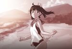 bare_shoulders beach blew_andwhite i-401_(kantai_collection) kantai_collection looking_at_viewer monochrome mountain one-piece_swimsuit ponytail sailor_collar school_swimsuit school_uniform sepia short_hair short_ponytail sleeveless smile solo swimsuit tan 