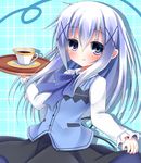  carrying cup esureki gochuumon_wa_usagi_desu_ka? hair_ornament hairclip kafuu_chino long_hair parted_lips rabbit_house_uniform silver_eyes silver_hair skirt skirt_lift solo teacup tray waitress x_hair_ornament 