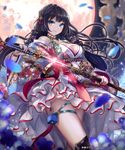  black_hair blue_eyes boots bracelet braid breasts cleavage closed_mouth cloud cloudy_sky drawing_sword dress flower hair_ornament highres jewelry katana large_breasts long_hair moon necklace night night_sky outdoors petals pisuke red_moon sheath shingoku_no_valhalla_gate sky smile solo star star_(sky) starry_sky sword thigh_boots thigh_strap thighhighs unsheathing weapon 
