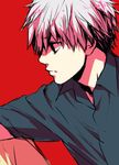  black_eyes black_shirt closed_mouth collared_shirt expressionless from_side kaneki_ken long_sleeves male_focus multicolored_hair no_pupils outstretched_arm pink_hair profile red_background shiromi_(ringo) shirt simple_background sketch solo tokyo_ghoul two-tone_hair upper_body white_hair wing_collar 