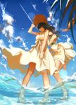  absurdres allenkung1 barefoot black_hair cloud condensation_trail day dress flower_bracelet hand_on_shoulder hat highres kill_la_kill kiryuuin_satsuki matoi_ryuuko multiple_girls outdoors short_hair sky standing standing_on_one_leg straw_hat wading water 